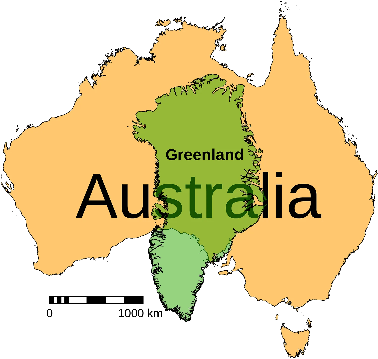 Image of greenland superimposed on Australia.  Purpose of image is to highlight how small Greenland is relative to Australia. © Benjamin Hell, 9 Nov 2012 / Wikimedia Commons / CC-BY-SA-3.0